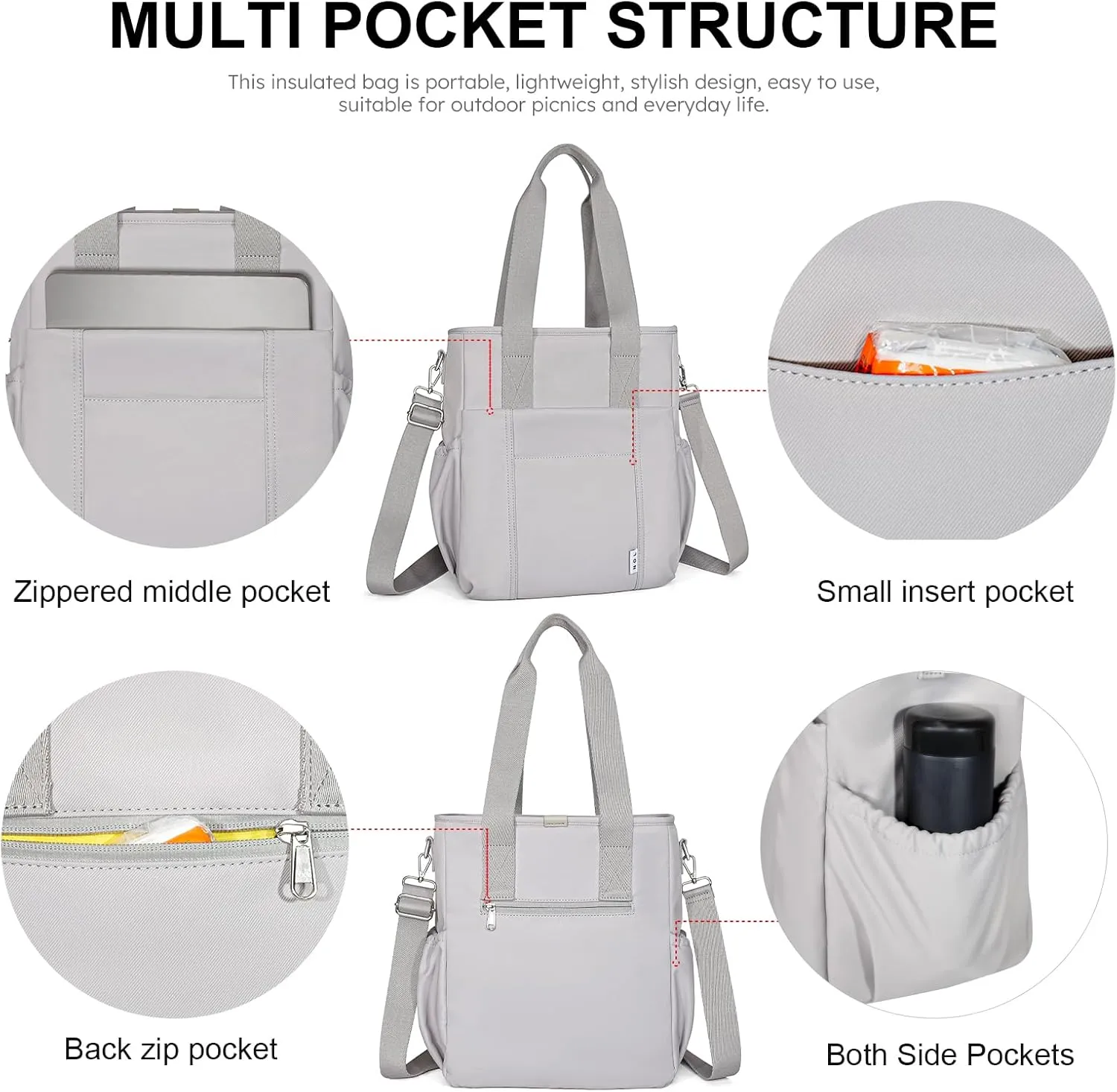 NOL Insulated Lunch Bag for Women, Large Spacious Lunch Tote Bag With Removable Adjustable Shoulder Strap with Multi Pockets, Leakproof Cooler Bag,Lightweight Nylon Waterproof Lunch Box For Work,Gray