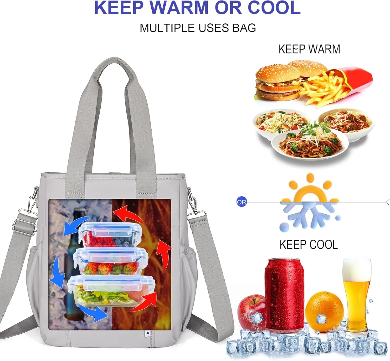 NOL Insulated Lunch Bag for Women, Large Spacious Lunch Tote Bag With Removable Adjustable Shoulder Strap with Multi Pockets, Leakproof Cooler Bag,Lightweight Nylon Waterproof Lunch Box For Work,Gray