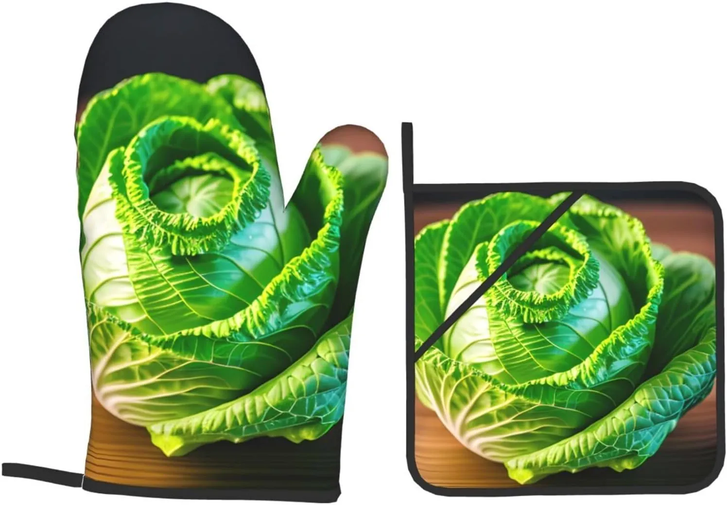 Non-Slip Mitts and Barbecue Gloves - Insulated Oven Mitts and Fabric Holders Set for Baking, BBQ and Cooking. Bright Cabbage