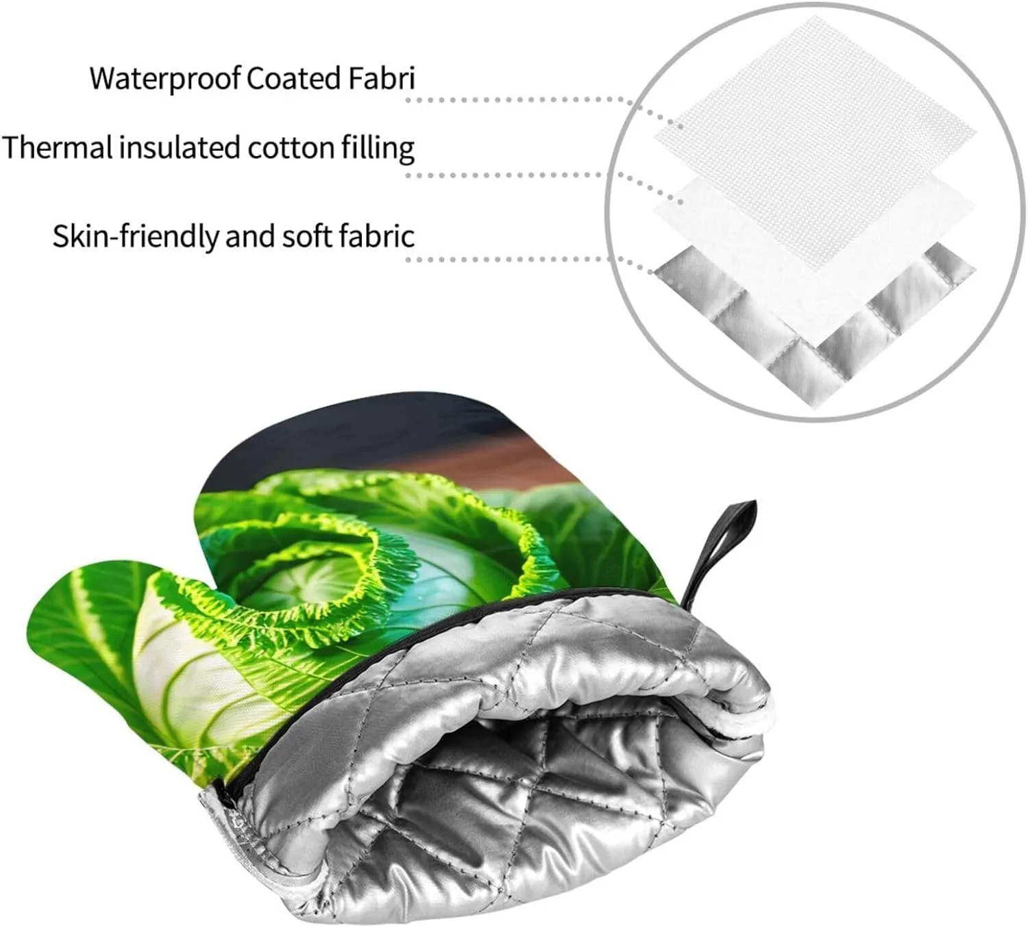 Non-Slip Mitts and Barbecue Gloves - Insulated Oven Mitts and Fabric Holders Set for Baking, BBQ and Cooking. Bright Cabbage