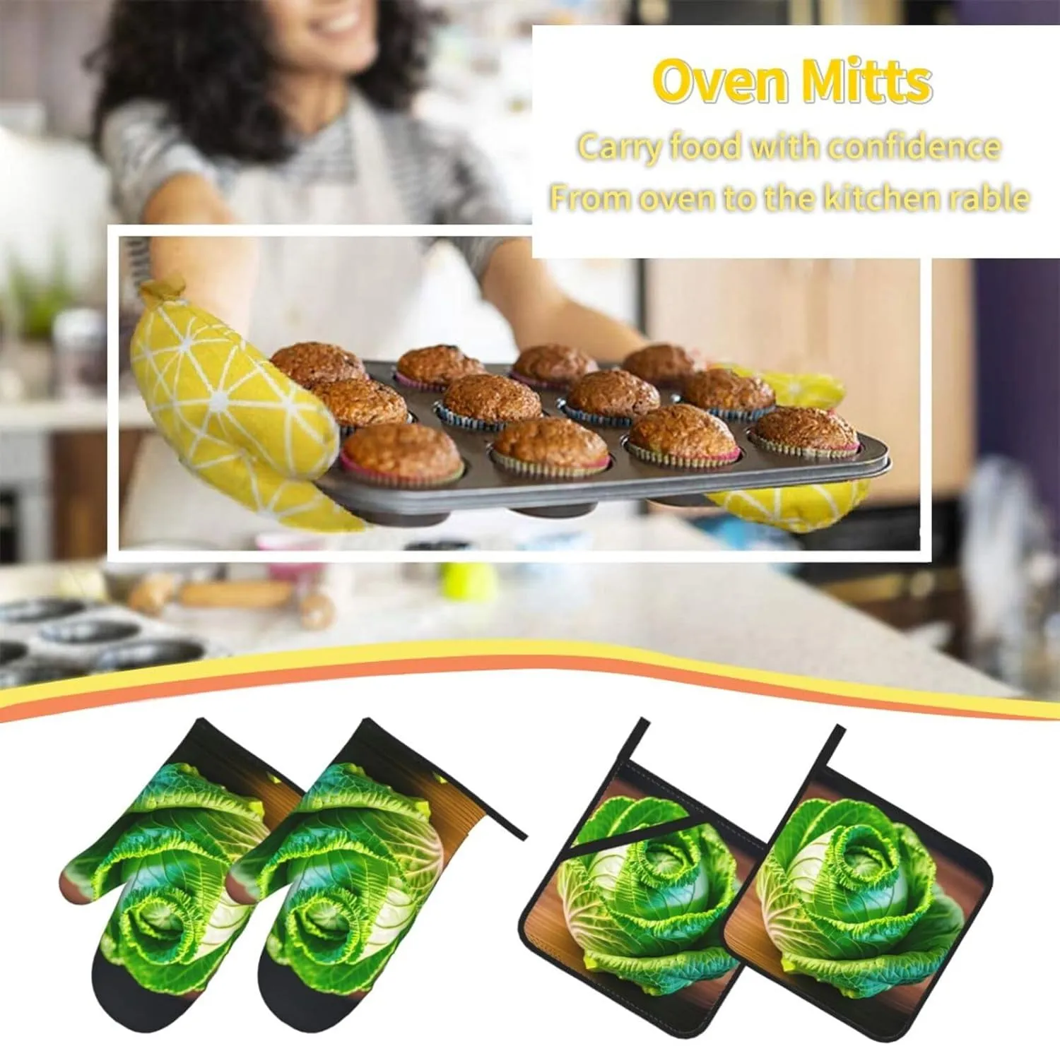 Non-Slip Mitts and Barbecue Gloves - Insulated Oven Mitts and Fabric Holders Set for Baking, BBQ and Cooking. Bright Cabbage