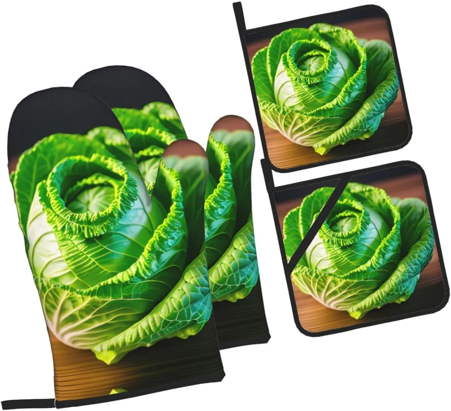 Non-Slip Mitts and Barbecue Gloves - Insulated Oven Mitts and Fabric Holders Set for Baking, BBQ and Cooking. Bright Cabbage