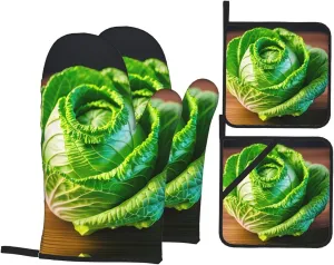 Non-Slip Mitts and Barbecue Gloves - Insulated Oven Mitts and Fabric Holders Set for Baking, BBQ and Cooking. Bright Cabbage