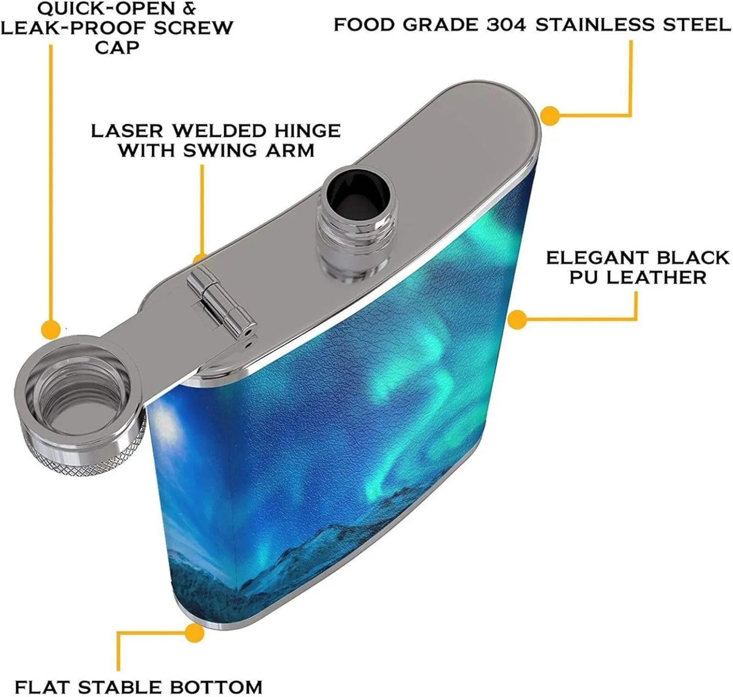 Northern Lights Portable Stainless Steel Small Flagon, Outdoor Flat Pocket Liquor Flask Wine Pot Hip Flask
