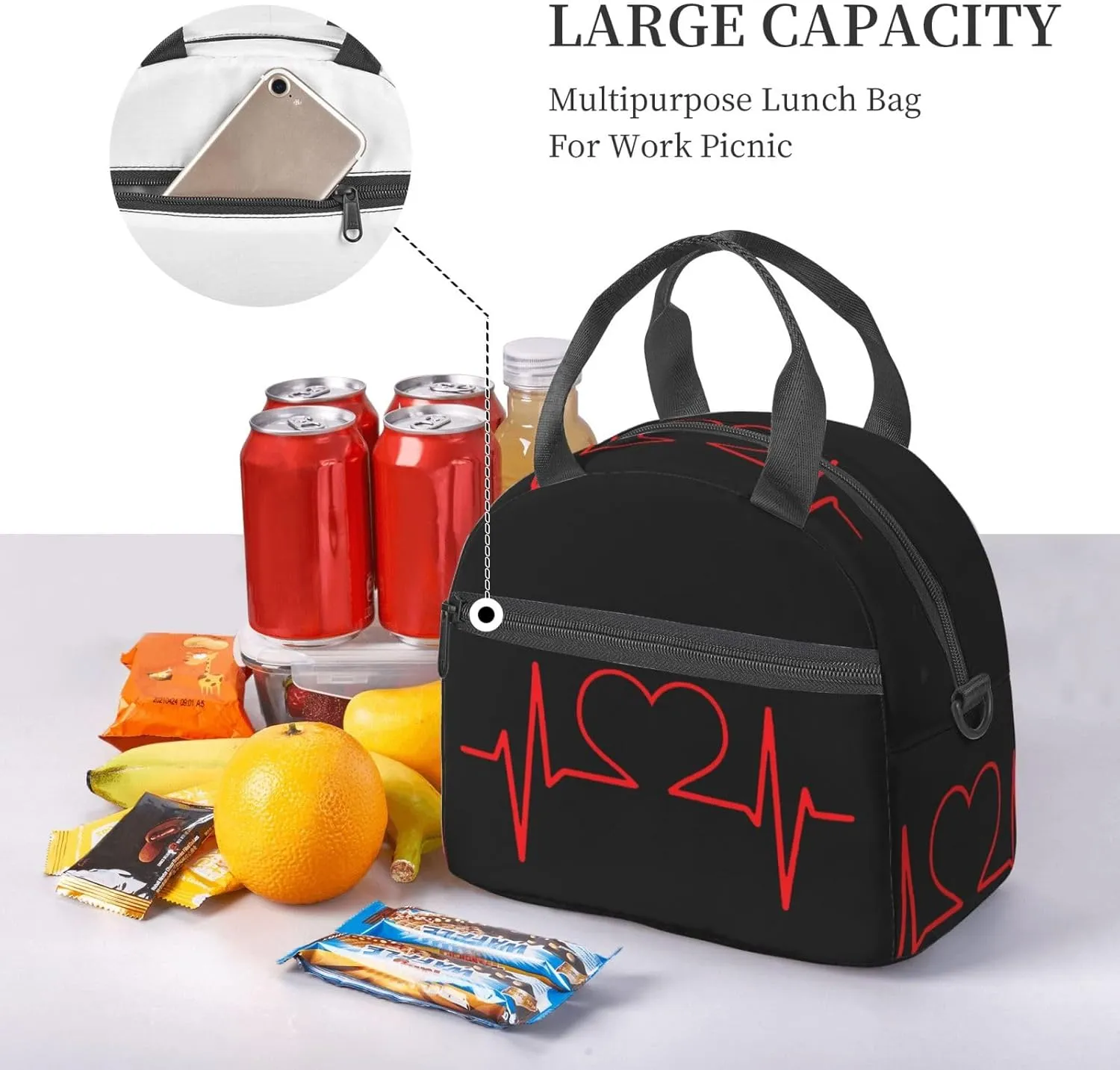 Nurse And Heart Ekg Nursing Lunch Bag Hand Tote Crossbody Insulated Lunch Bag Large Portable Lunch Box