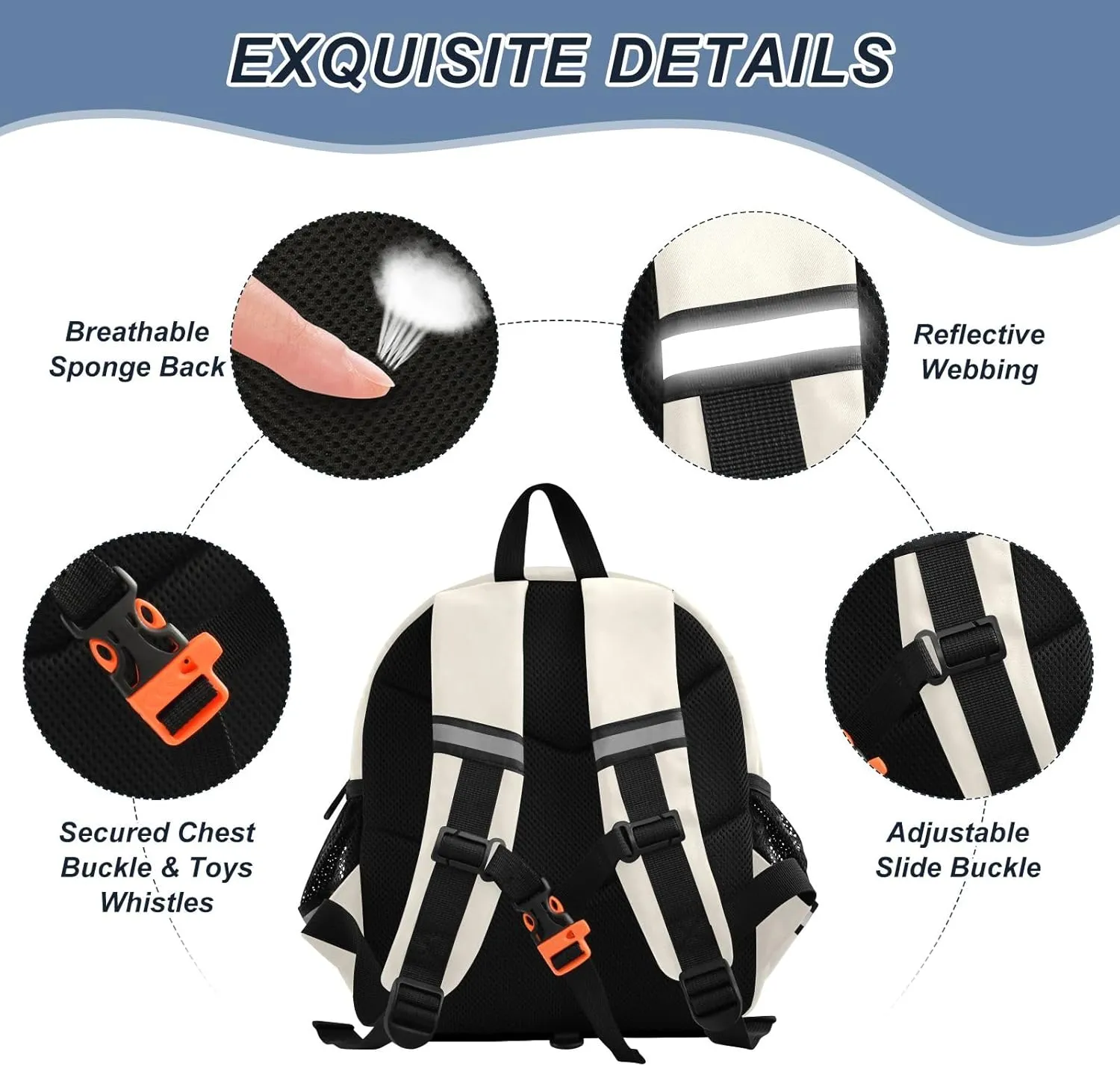 ODAWA Old Lace Toddler Bookbag with Reflective Strips, Chest Buckle, and Leash for Boys & Girls