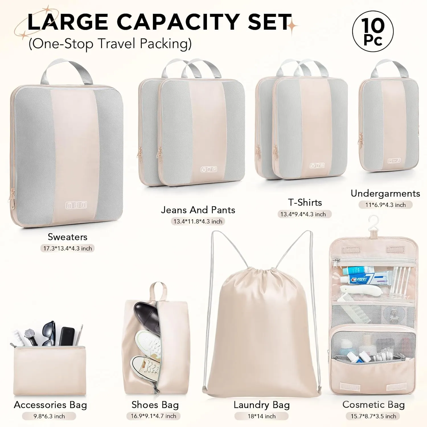 OlarHike 10 Set Compression Packing Cubes for Travel Women Mom,Luggage Clothes Storage Gifts for Travelers,Airplane/Cruise/Car/Train Travel Essentials,Compressible Expandable Saver Space Bags(Beige)