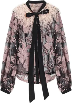 Older Womens Tops and Blouses Lace Perspective Stitch Bandage Bow Loose Older Womens Tops Older Womens Tops Long Sleeve