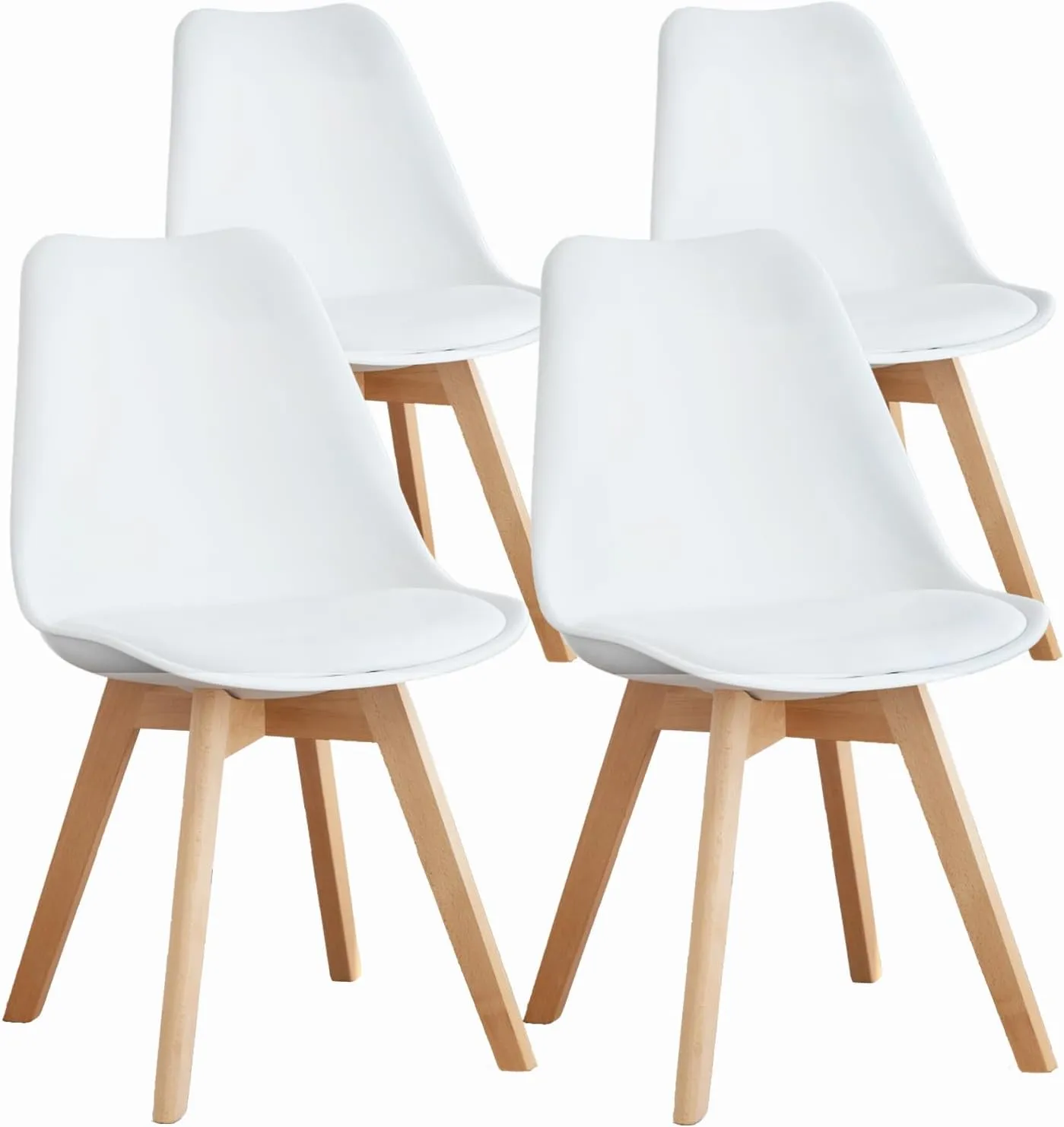 OLIXIS Set of 4 Dining Kitchen Mid-Century Modern Chairs with Wood Legs and PU Leather Cushion for Living Room Bedroom Outdoor Lounge, White