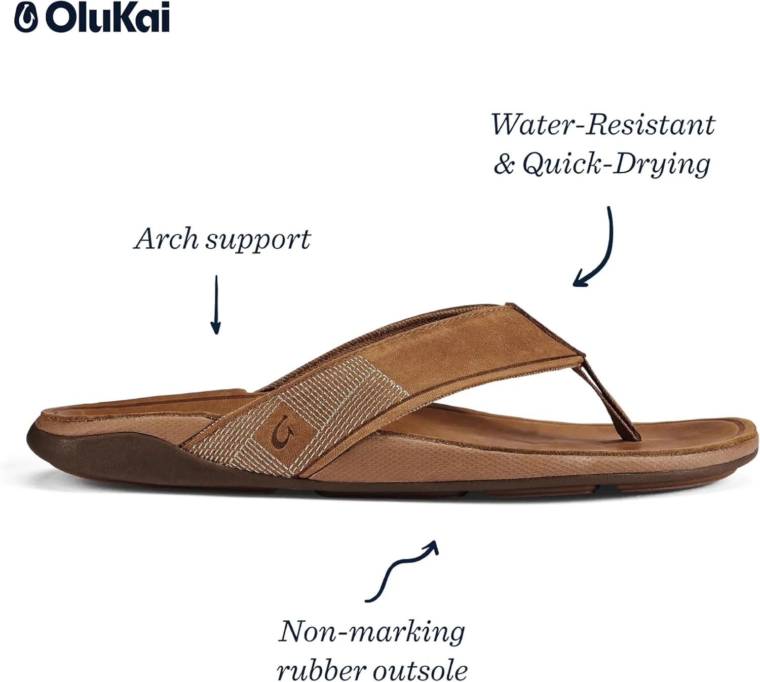 OLUKAI Tuahine Men's Waterproof Leather Sandals, Versatile Beach Flip Flops, Arch Support & Comfort Fit, Lightweight & Durable, Enhanced Grip & Traction