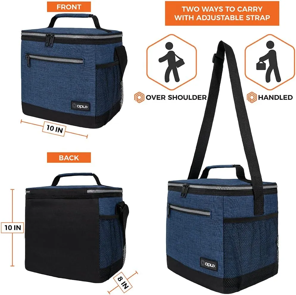 opux Extra Large Insulated Lunch Box Men Women, Lunch Bag for Work, Leakproof Soft Cooler Tote Adult, Lunch Pail, Picnic Beach Collapsible Food Bag with Shoulder Strap, Heather Navy