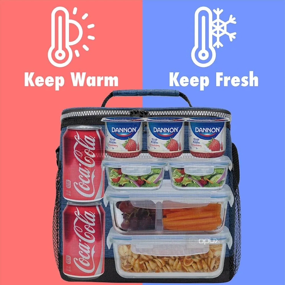 opux Extra Large Insulated Lunch Box Men Women, Lunch Bag for Work, Leakproof Soft Cooler Tote Adult, Lunch Pail, Picnic Beach Collapsible Food Bag with Shoulder Strap, Heather Navy