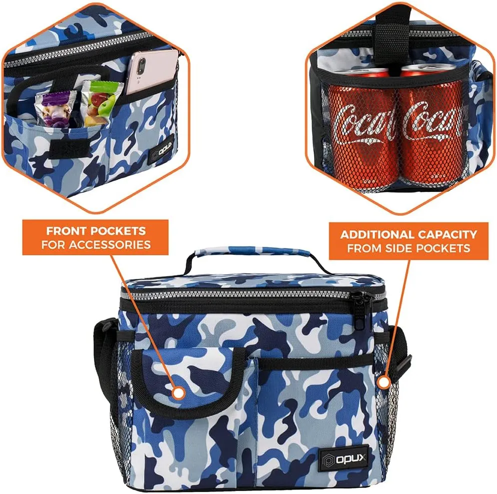 opux Insulated Lunch Bag for Men Women, Leakproof Camo Blue Lunch Box for Work, Portable Soft Lunch Cooler Bag with Shoulder Strap, Adult Lunchbox Lunch Pail for Kid Boy Girl School, 14 Can/8L