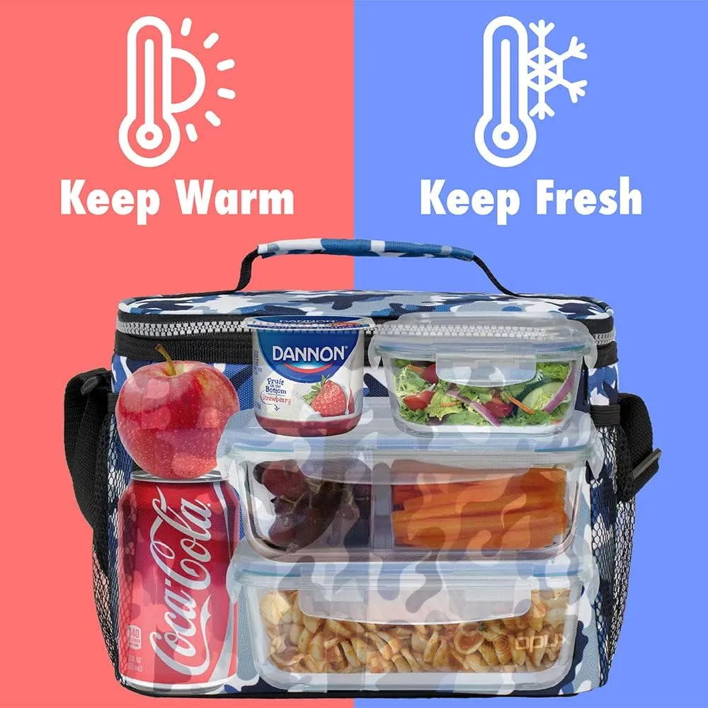 opux Insulated Lunch Bag for Men Women, Leakproof Camo Blue Lunch Box for Work, Portable Soft Lunch Cooler Bag with Shoulder Strap, Adult Lunchbox Lunch Pail for Kid Boy Girl School, 14 Can/8L