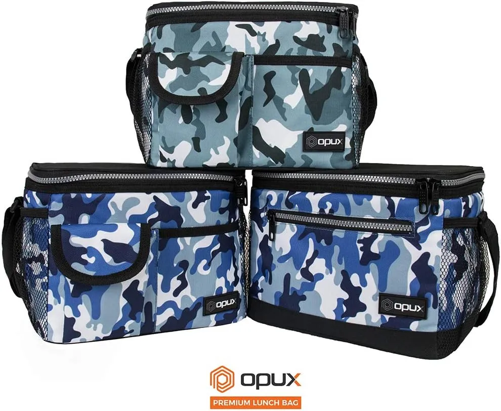 opux Insulated Lunch Bag for Men Women, Leakproof Camo Blue Lunch Box for Work, Portable Soft Lunch Cooler Bag with Shoulder Strap, Adult Lunchbox Lunch Pail for Kid Boy Girl School, 14 Can/8L