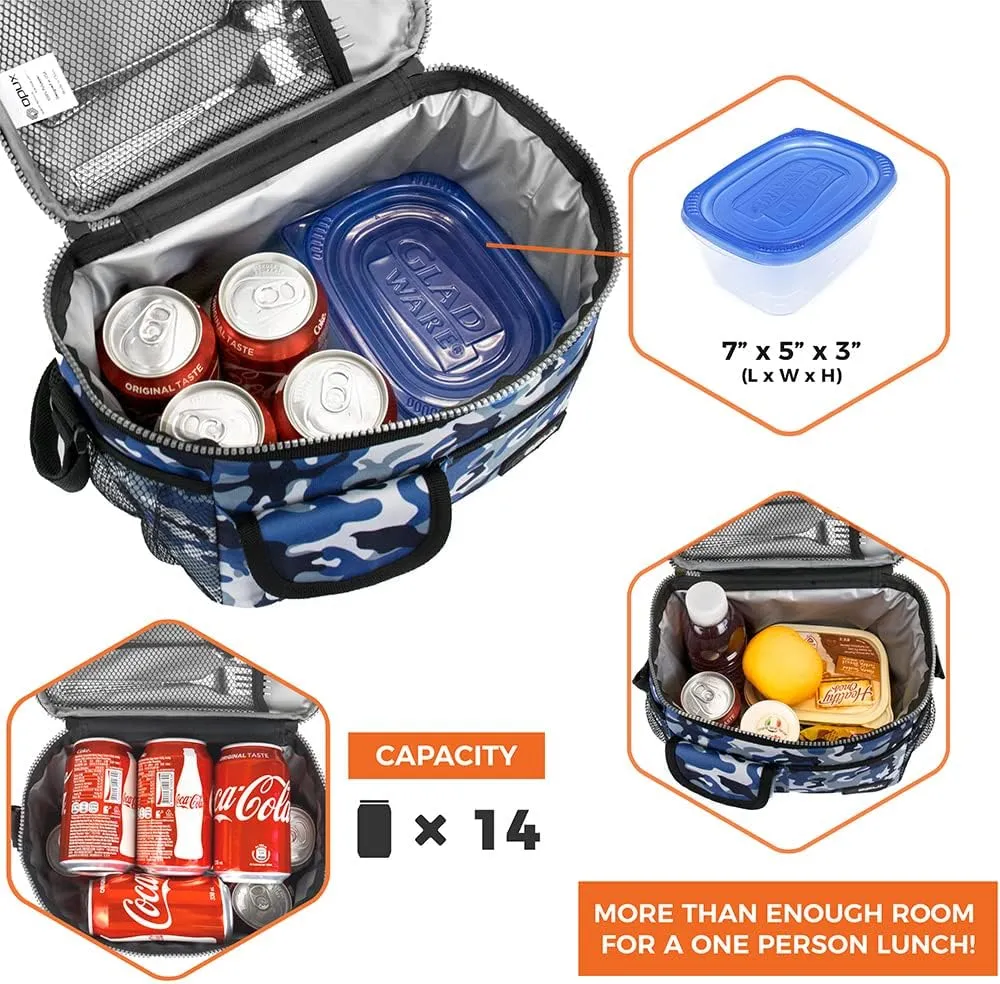 opux Insulated Lunch Bag for Men Women, Leakproof Camo Blue Lunch Box for Work, Portable Soft Lunch Cooler Bag with Shoulder Strap, Adult Lunchbox Lunch Pail for Kid Boy Girl School, 14 Can/8L