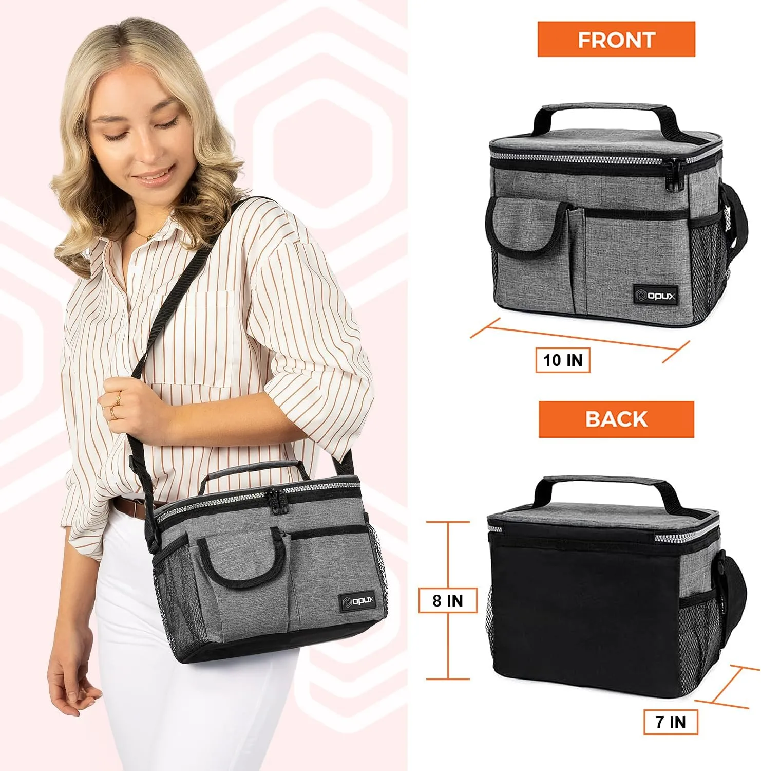 opux Insulated Lunch Bag for Men Women, Leakproof Heather Gray Lunch Box for Work, Portable Soft Lunch Cooler Bag with Shoulder Strap, Adult Lunchbox Lunch Pail for Kid Boy Girl School, 14 Can/8L