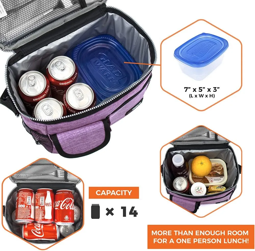 opux Insulated Lunch Bag for Men Women, Leakproof Heather Purple Lunch Box for Work, Portable Soft Lunch Cooler Bag with Shoulder Strap, Adult Lunchbox Lunch Pail for Kid Boy Girl School, 14 Can/8L