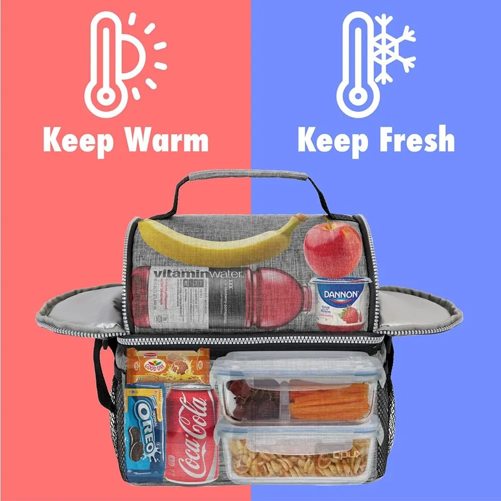 opux Lunch Box for Men, Adult Lunch Box Cooler, Insulated Lunch Bag Women, Dual Compartment Lunchbox for Work, Leakproof Double Decker Lunch Bag, Soft Lunch Pail Tote Boys Girls Kids School, Gray