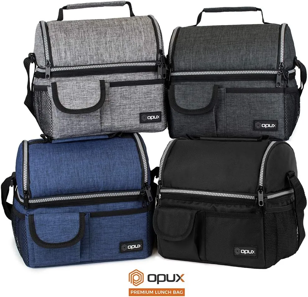 opux Lunch Box for Men, Adult Lunch Box Cooler, Insulated Lunch Bag Women, Dual Compartment Lunchbox for Work, Leakproof Double Decker Lunch Bag, Soft Lunch Pail Tote Boys Girls Kids School, Gray