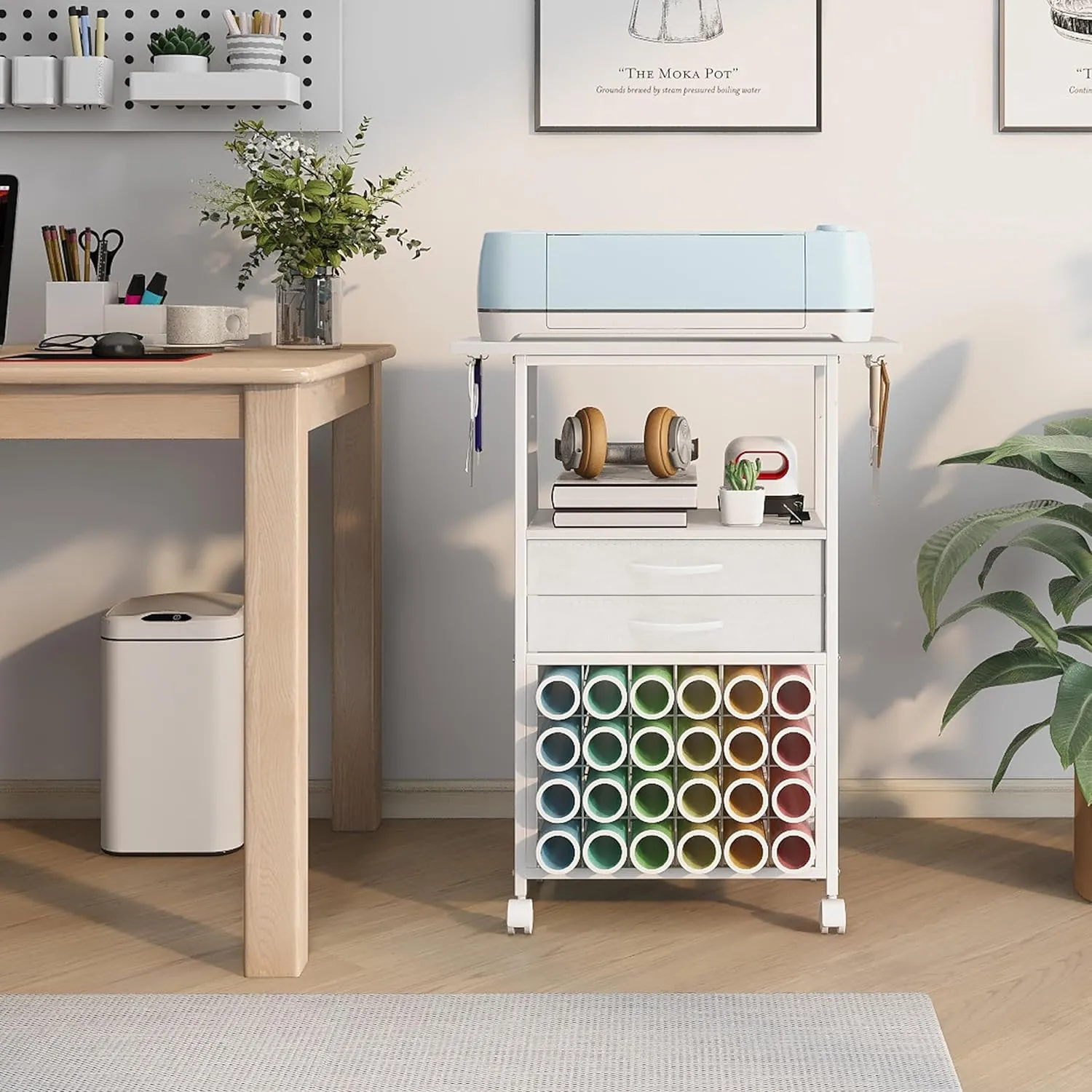 Organizer and Storage Stand Compatible with Cricut Machines,Rolling Storage Cart/Shelf with 24 Vinyl Roll Holders，2 Fabric Drawer,Accessories Holder,Tool Hook for Craft Room Home (White)