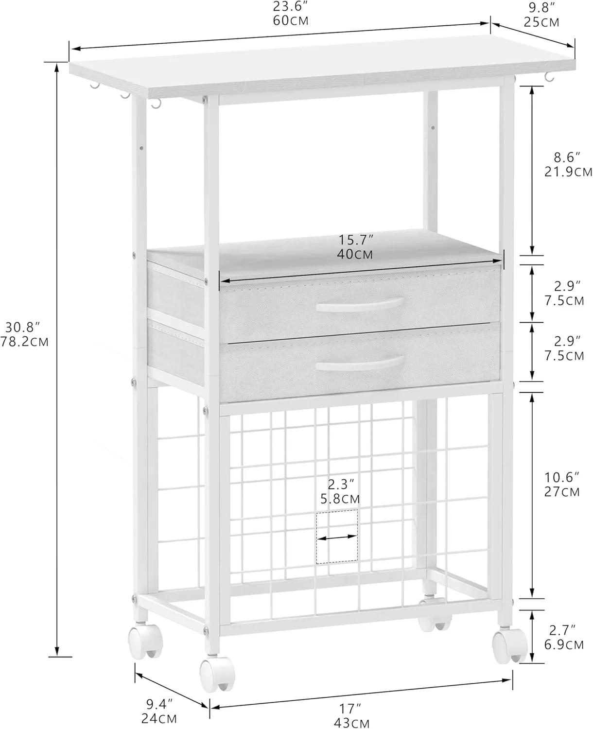Organizer and Storage Stand Compatible with Cricut Machines,Rolling Storage Cart/Shelf with 24 Vinyl Roll Holders，2 Fabric Drawer,Accessories Holder,Tool Hook for Craft Room Home (White)