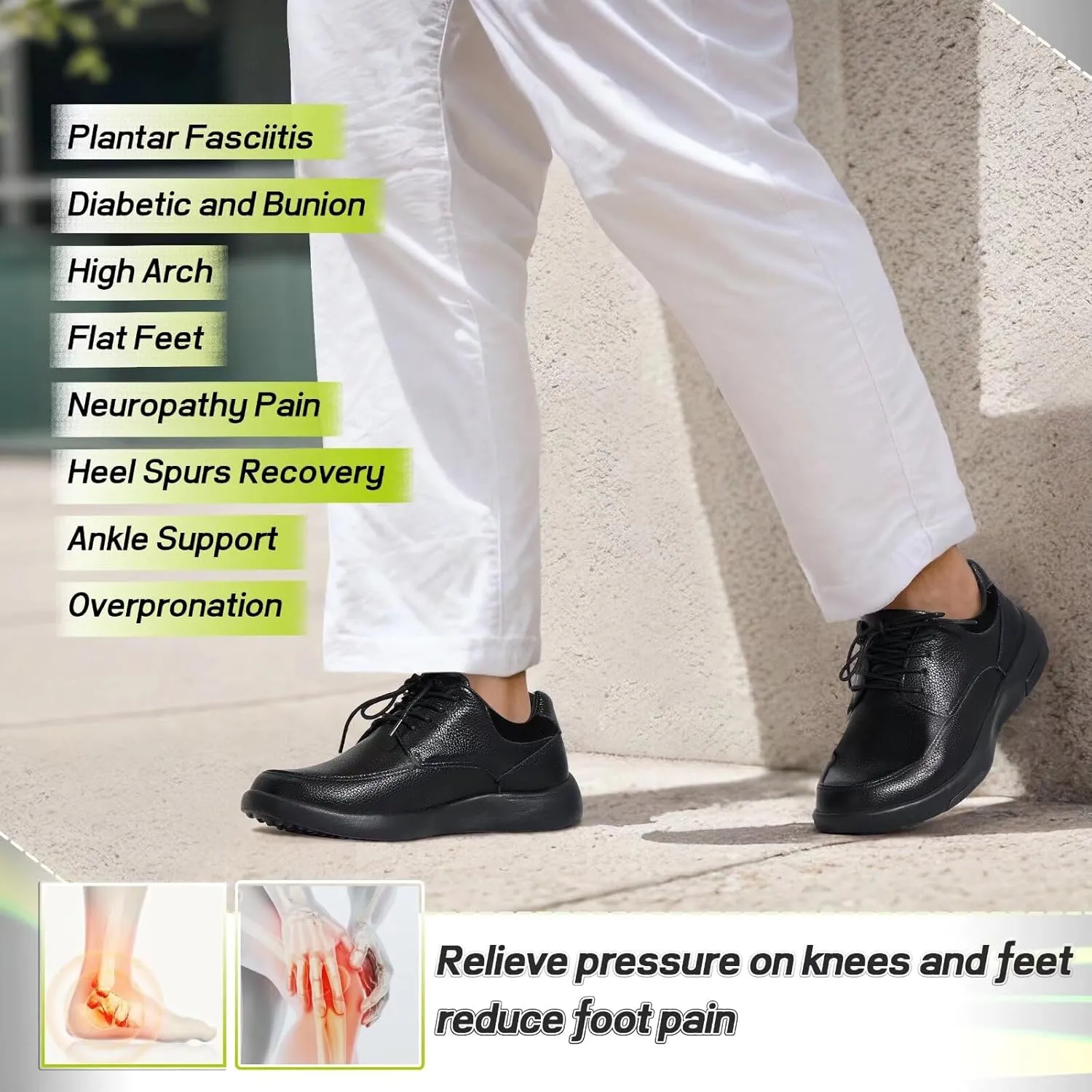 OrthoComfoot Men's Orthopedic Leather Dress Walking Shoes: Comfortable Plantar Fasciitis Fashion Sneakers with Arch Support, Casual Flat Feet Business Work Shoes for Foot and Heel Pain Relief