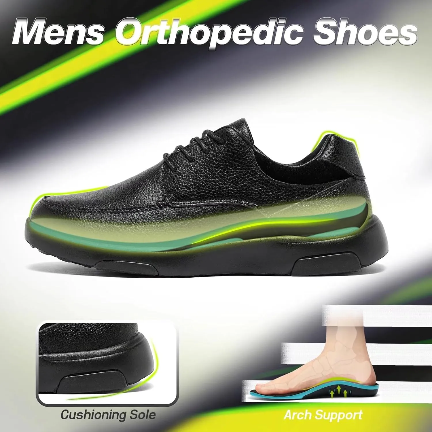 OrthoComfoot Men's Orthopedic Leather Dress Walking Shoes: Comfortable Plantar Fasciitis Fashion Sneakers with Arch Support, Casual Flat Feet Business Work Shoes for Foot and Heel Pain Relief