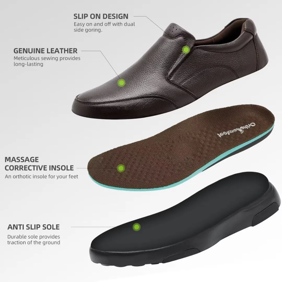 OrthoComfoot Men's Orthopedic Leather Dress Walking Shoes: Comfortable Plantar Fasciitis Oxfords with Arch Support, Business Diabetic Slip-On Loafers for Foot and Heel Pain Relief