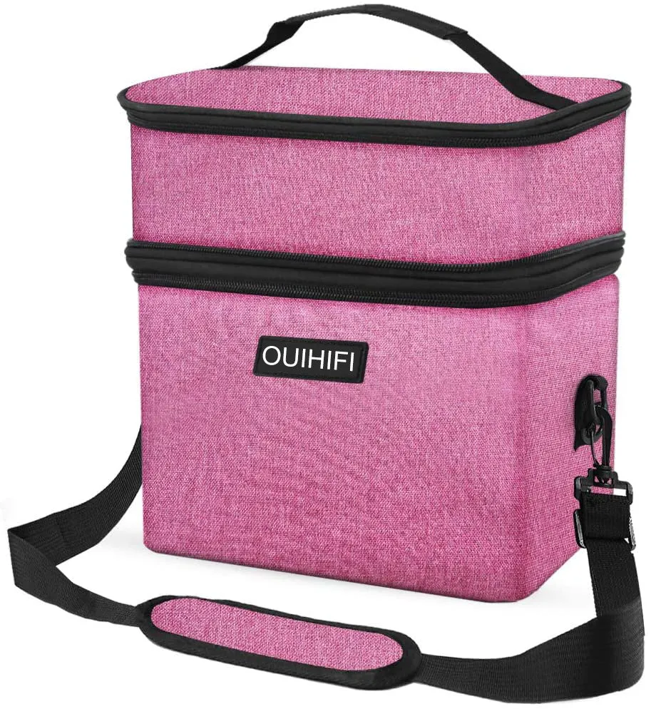 OUIHIFI Lunch Box Double Deck Lunch Bag,Dual Compartment Resuable Cooler Tote Bag With Shoulder Strap Leakproof Lunch Box for Office, School, Work