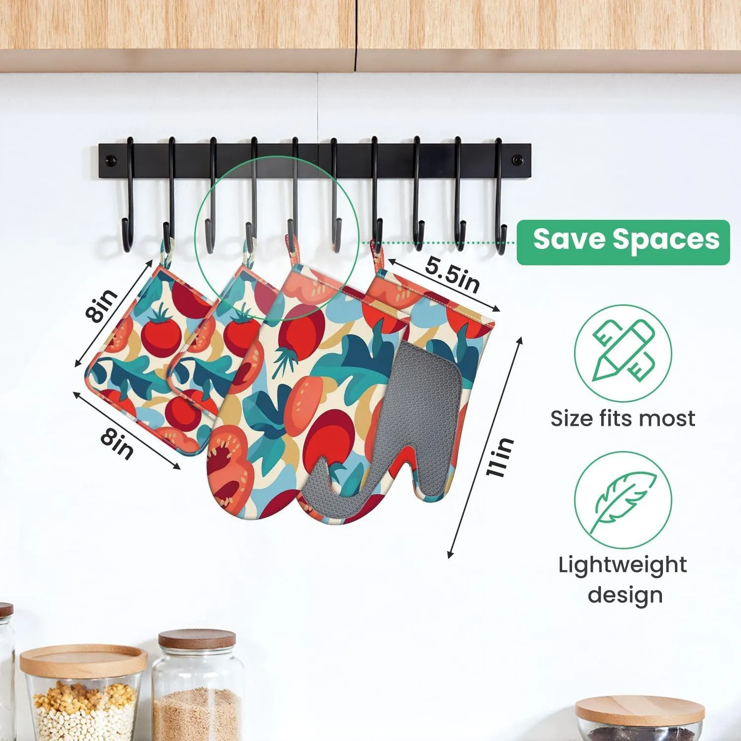 Oven Mitts and Pot Holders Sets 4pcs Seamless Pattern Vegetables Tomato Chili Cabbage Colour Hot Pads and Oven Mitts Heat Resistant Non-Slip Silicone Surface for Baking, BBQ and Cooking
