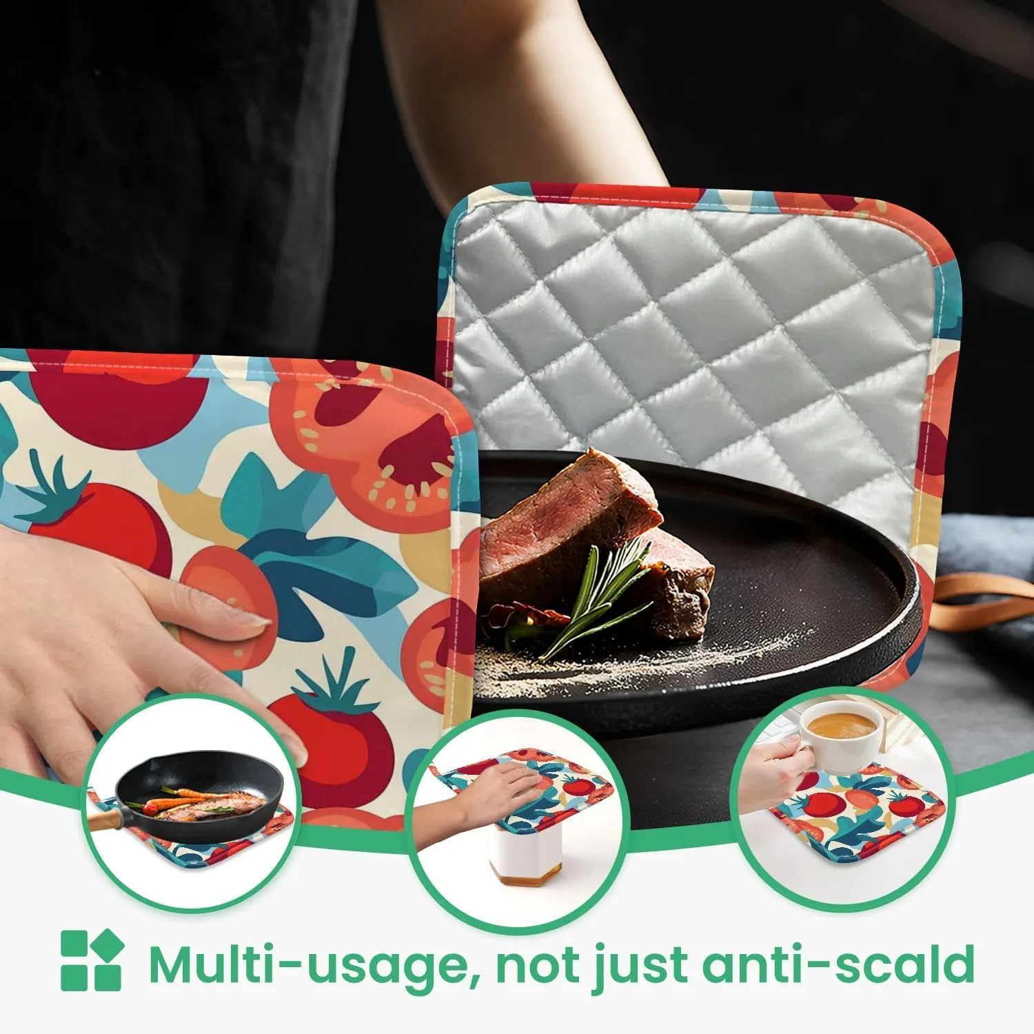 Oven Mitts and Pot Holders Sets 4pcs Seamless Pattern Vegetables Tomato Chili Cabbage Colour Hot Pads and Oven Mitts Heat Resistant Non-Slip Silicone Surface for Baking, BBQ and Cooking