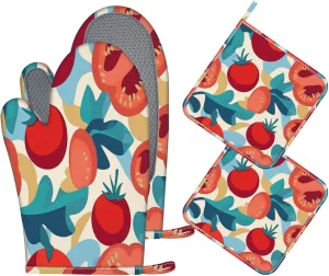 Oven Mitts and Pot Holders Sets 4pcs Seamless Pattern Vegetables Tomato Chili Cabbage Colour Hot Pads and Oven Mitts Heat Resistant Non-Slip Silicone Surface for Baking, BBQ and Cooking