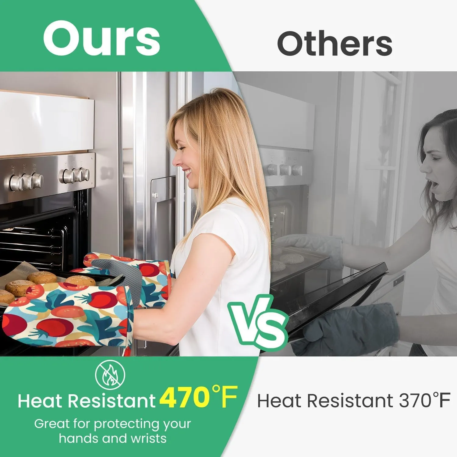 Oven Mitts and Pot Holders Sets 4pcs Seamless Pattern Vegetables Tomato Chili Cabbage Colour Hot Pads and Oven Mitts Heat Resistant Non-Slip Silicone Surface for Baking, BBQ and Cooking