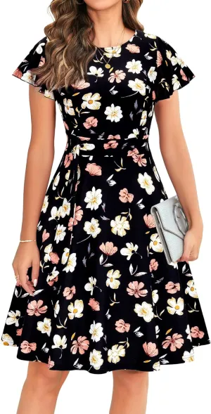 OWIN Womens 2025 Elegant Ruffle Sleeve Flared A Line Swing Casual Party Cocktail Dresses
