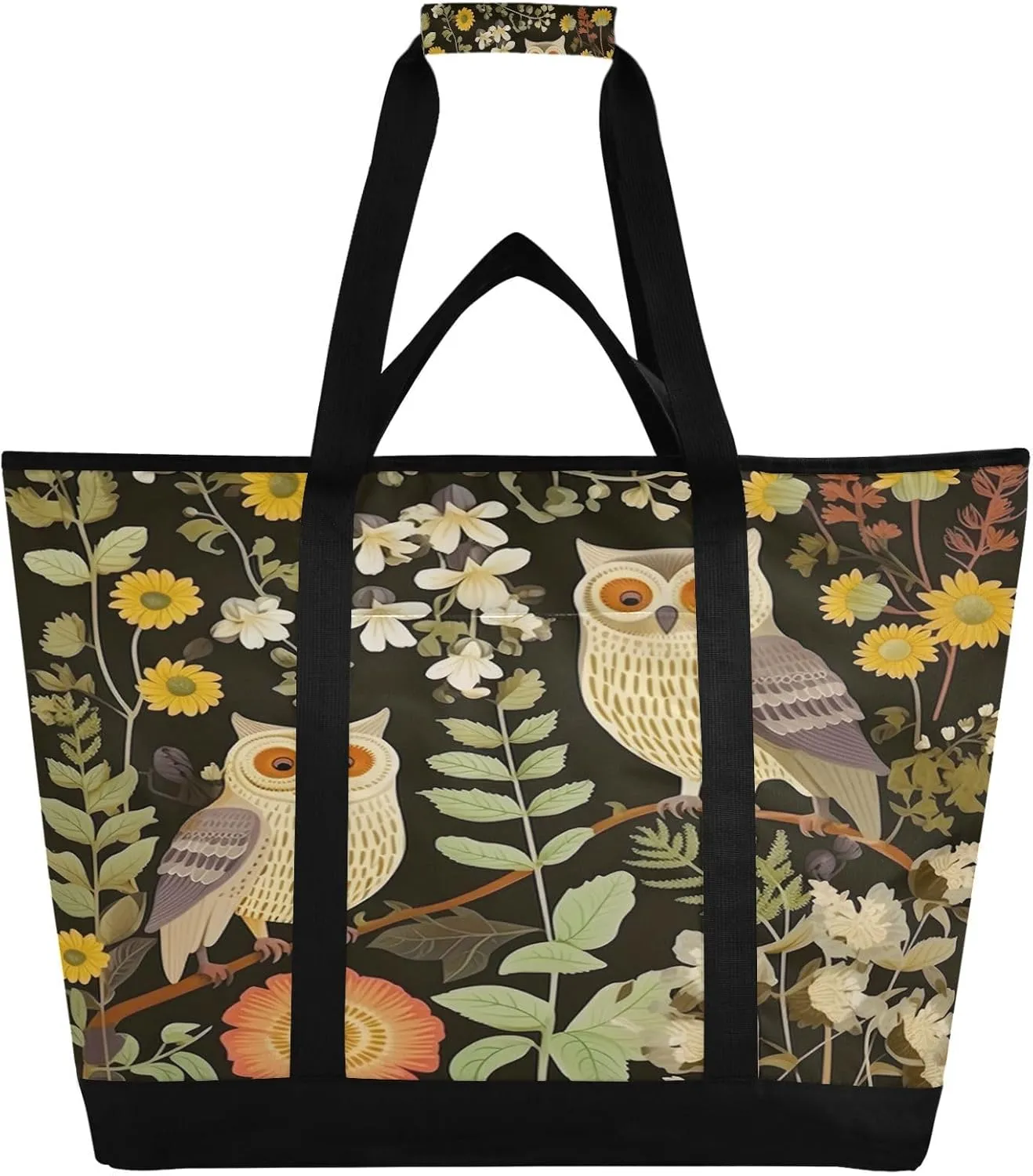 Owls Flowers Reusable Insulated Lunchbox Cooler Bag, Leakproof Kitchen Grocery Bag Collapsible Portable Cooler Tote Bag for Picnic, Camping, Office, Travel