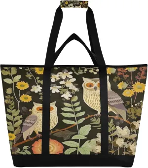 Owls Flowers Reusable Insulated Lunchbox Cooler Bag, Leakproof Kitchen Grocery Bag Collapsible Portable Cooler Tote Bag for Picnic, Camping, Office, Travel