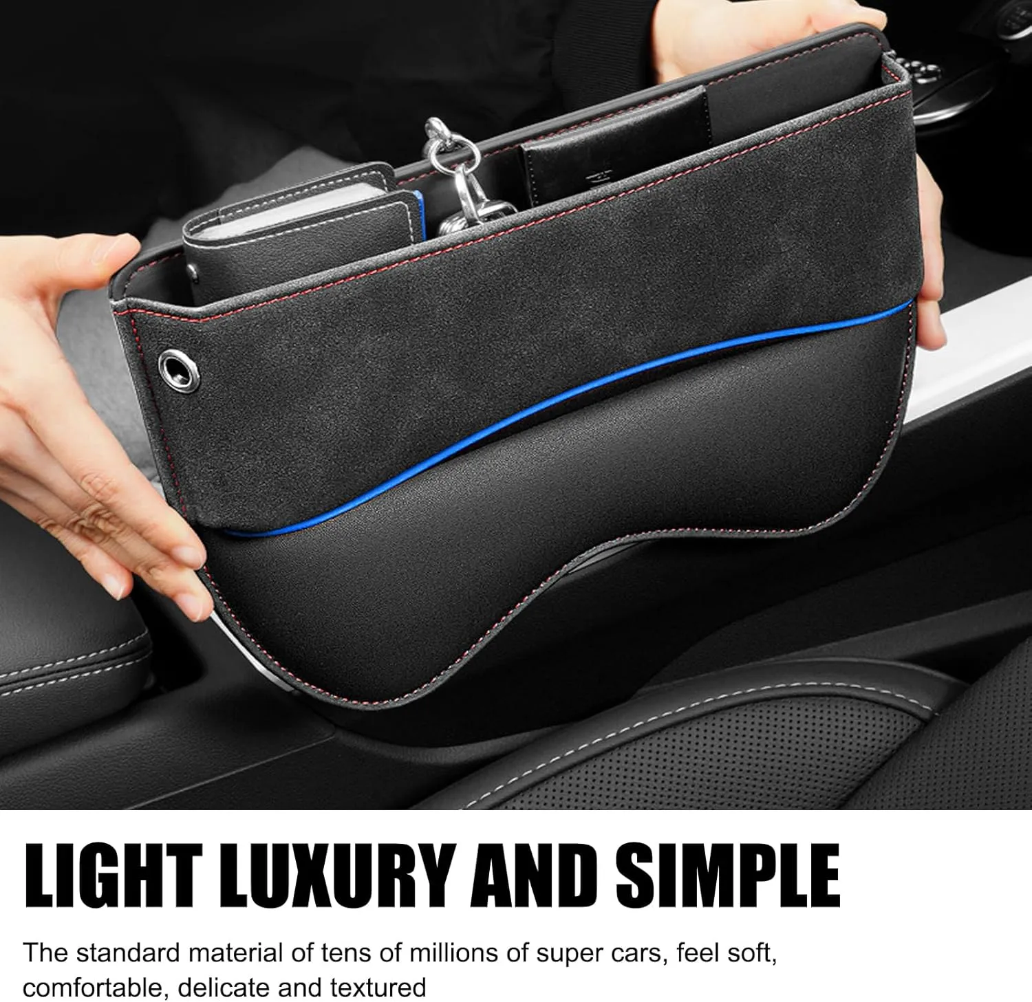 Pack-1 Car Seat Gap Filler, Leather Car Seat Storage Box, Universal Car Seat Organizer, Adjustable Car Utility Bag, Car Accessories for Phone, Cards, Keys, Coins, Receipts (Black)