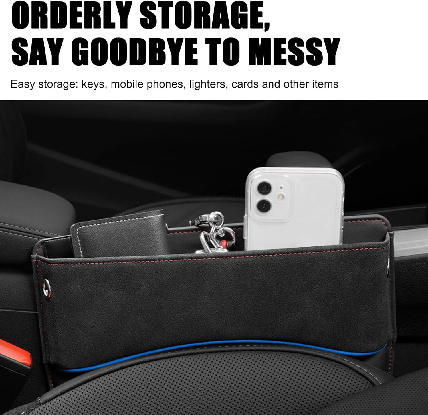 Pack-1 Car Seat Gap Filler, Leather Car Seat Storage Box, Universal Car Seat Organizer, Adjustable Car Utility Bag, Car Accessories for Phone, Cards, Keys, Coins, Receipts (Black)