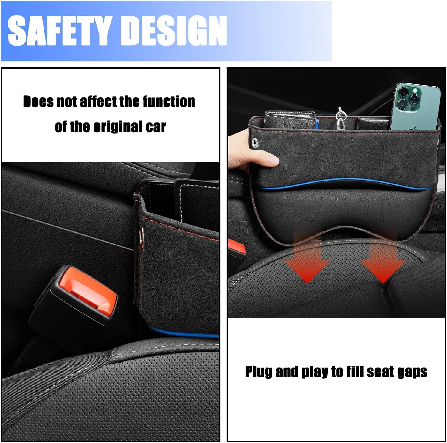 Pack-1 Car Seat Gap Filler, Leather Car Seat Storage Box, Universal Car Seat Organizer, Adjustable Car Utility Bag, Car Accessories for Phone, Cards, Keys, Coins, Receipts (Black)