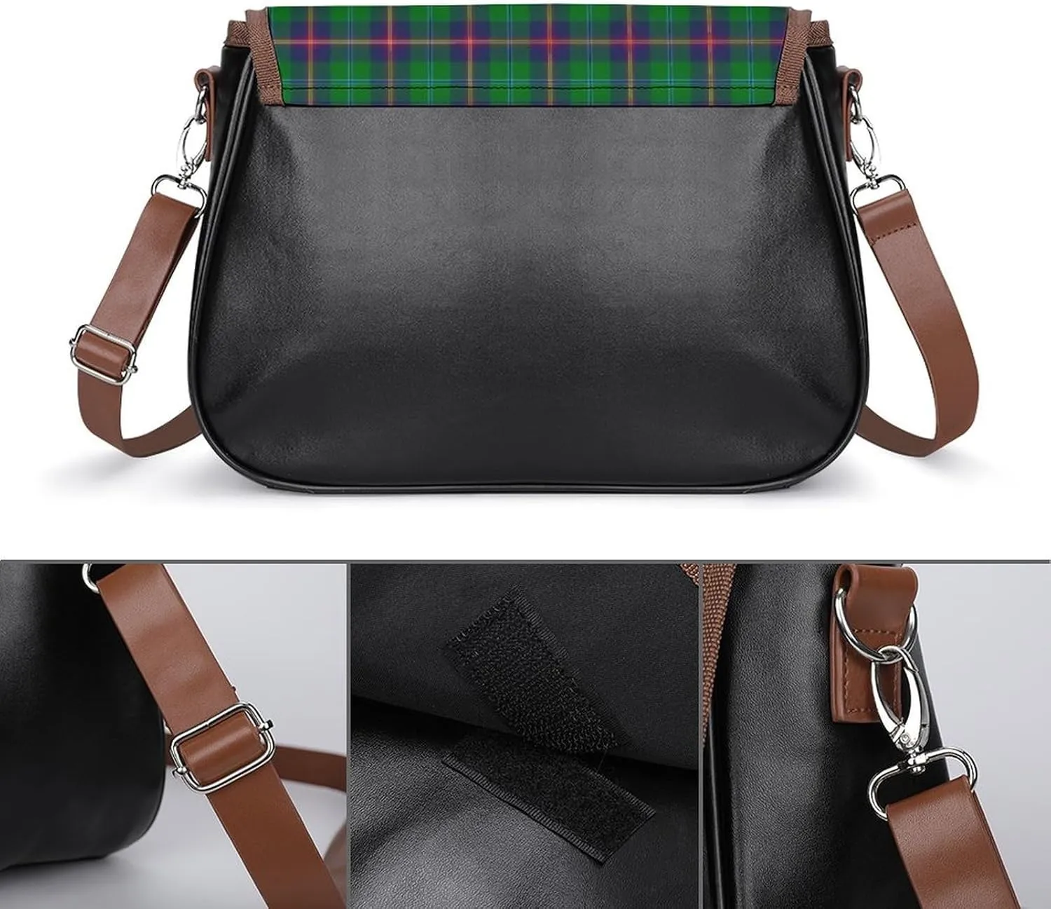 Paisley District Tartan Leather Decorative Crossbody Strap Backpack, Large Capacity Shoulder Bag
