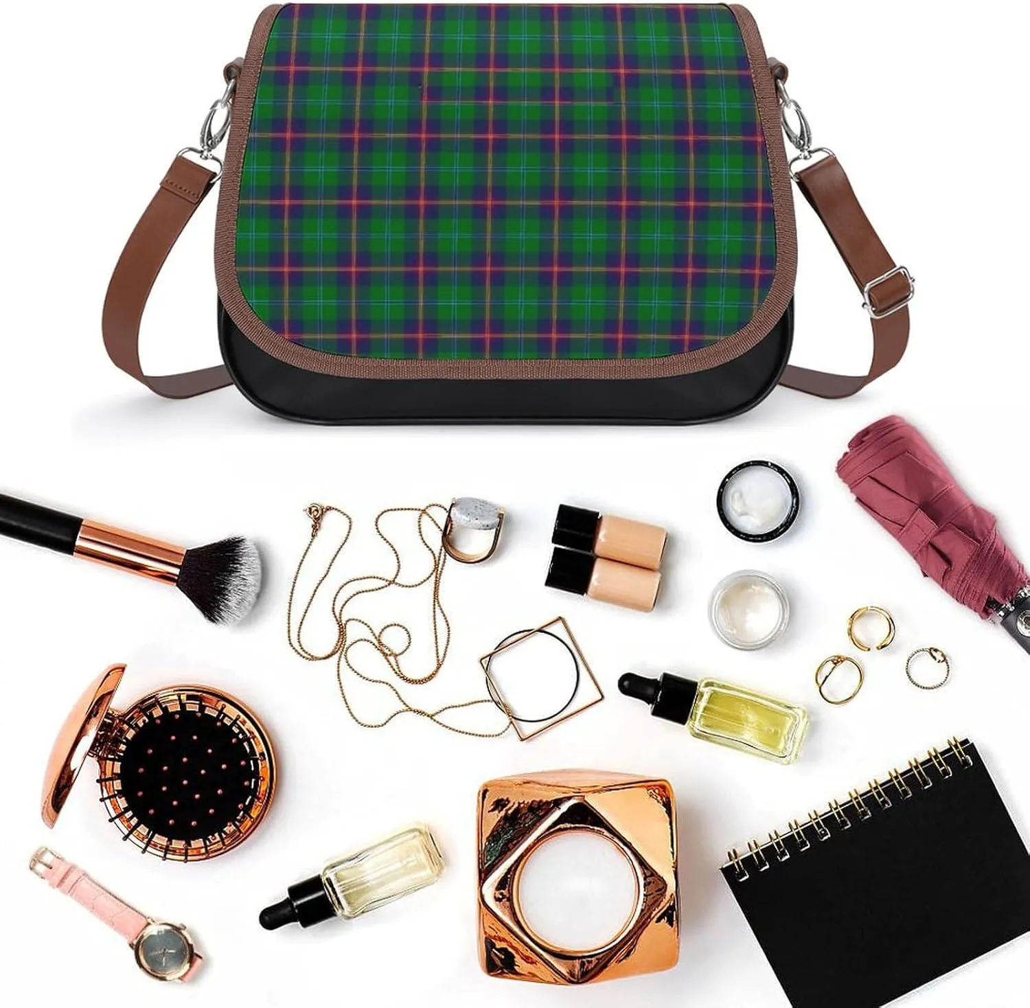 Paisley District Tartan Leather Decorative Crossbody Strap Backpack, Large Capacity Shoulder Bag