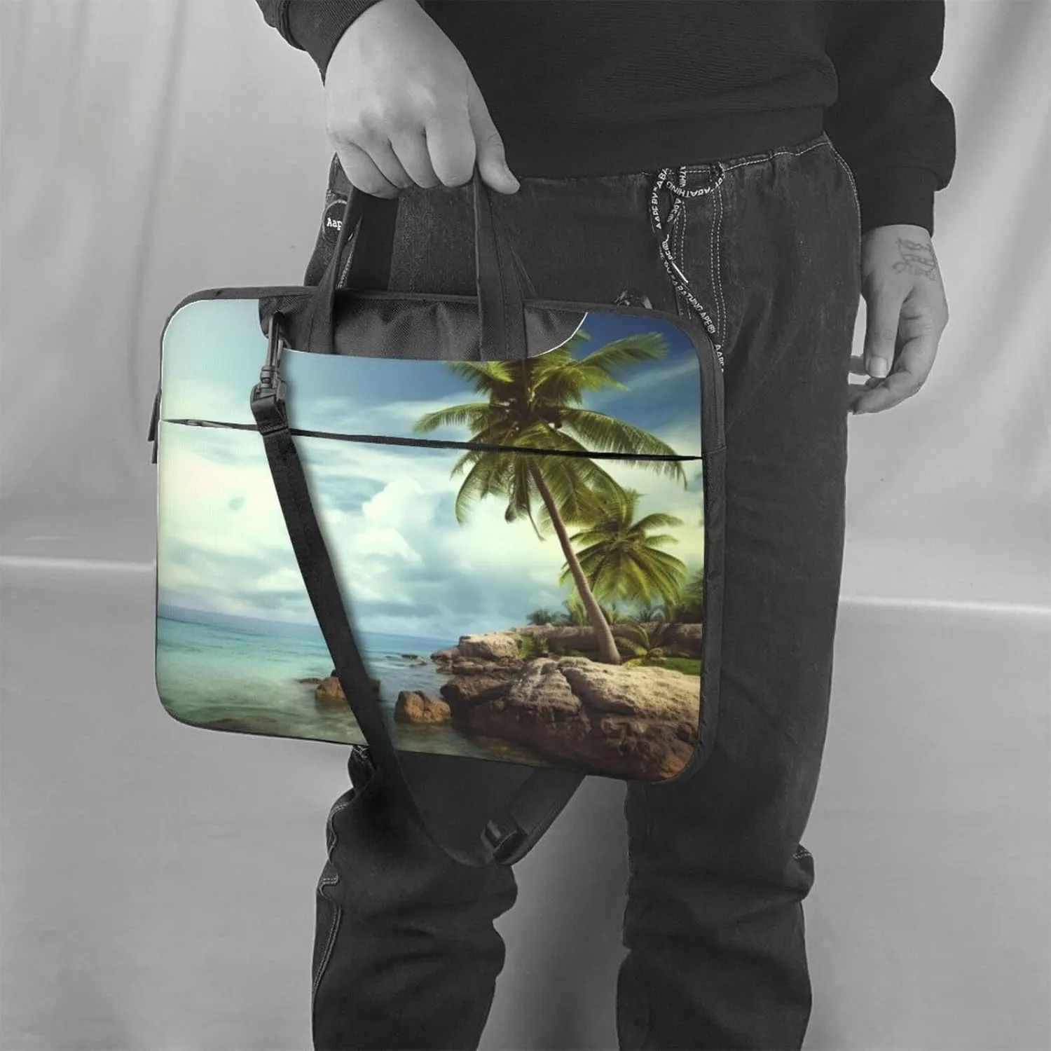 Palm Tree Rocky Shore Laptop Shoulder Bag Portable Laptop Bag Laptop Case Crossbody Briefcase w/Strap Handle