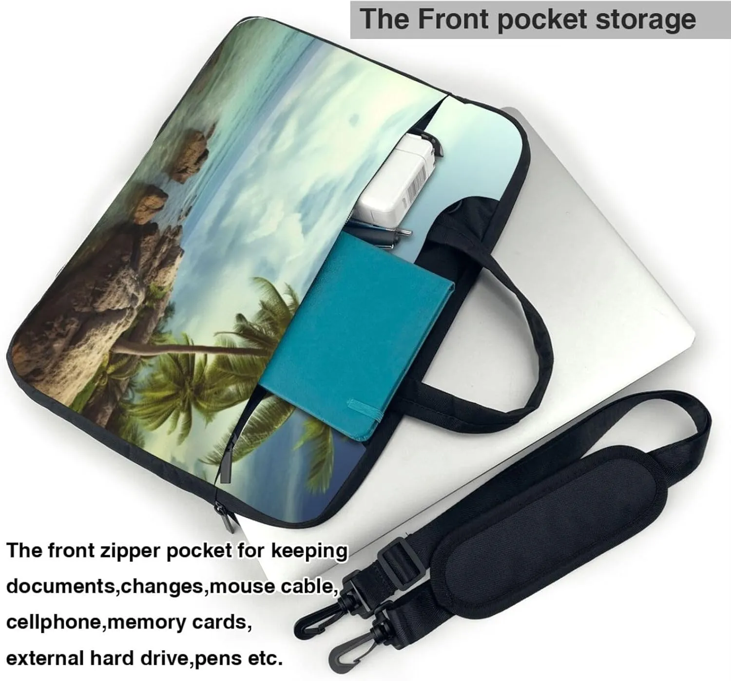 Palm Tree Rocky Shore Laptop Shoulder Bag Portable Laptop Bag Laptop Case Crossbody Briefcase w/Strap Handle
