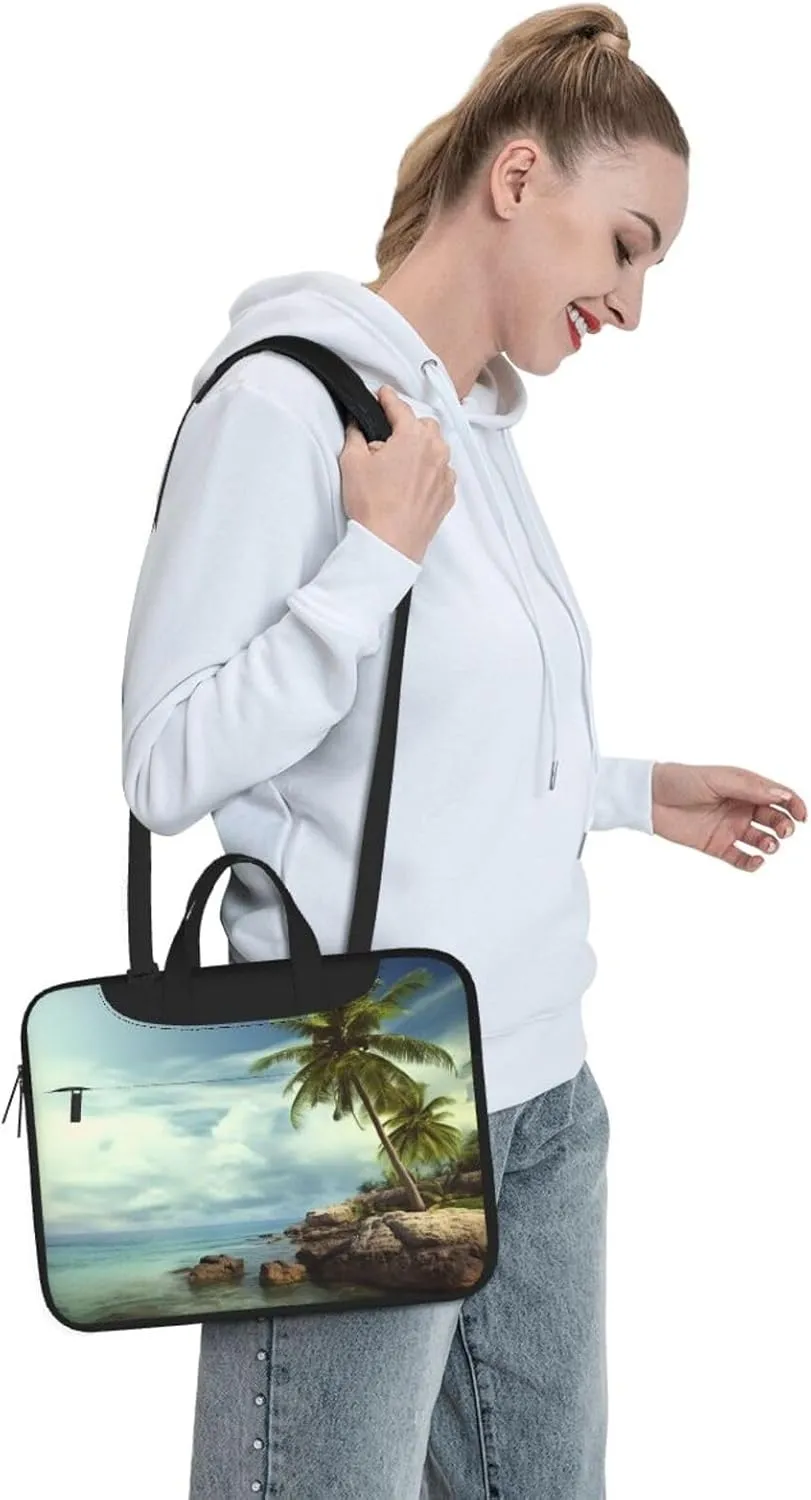 Palm Tree Rocky Shore Laptop Shoulder Bag Portable Laptop Bag Laptop Case Crossbody Briefcase w/Strap Handle