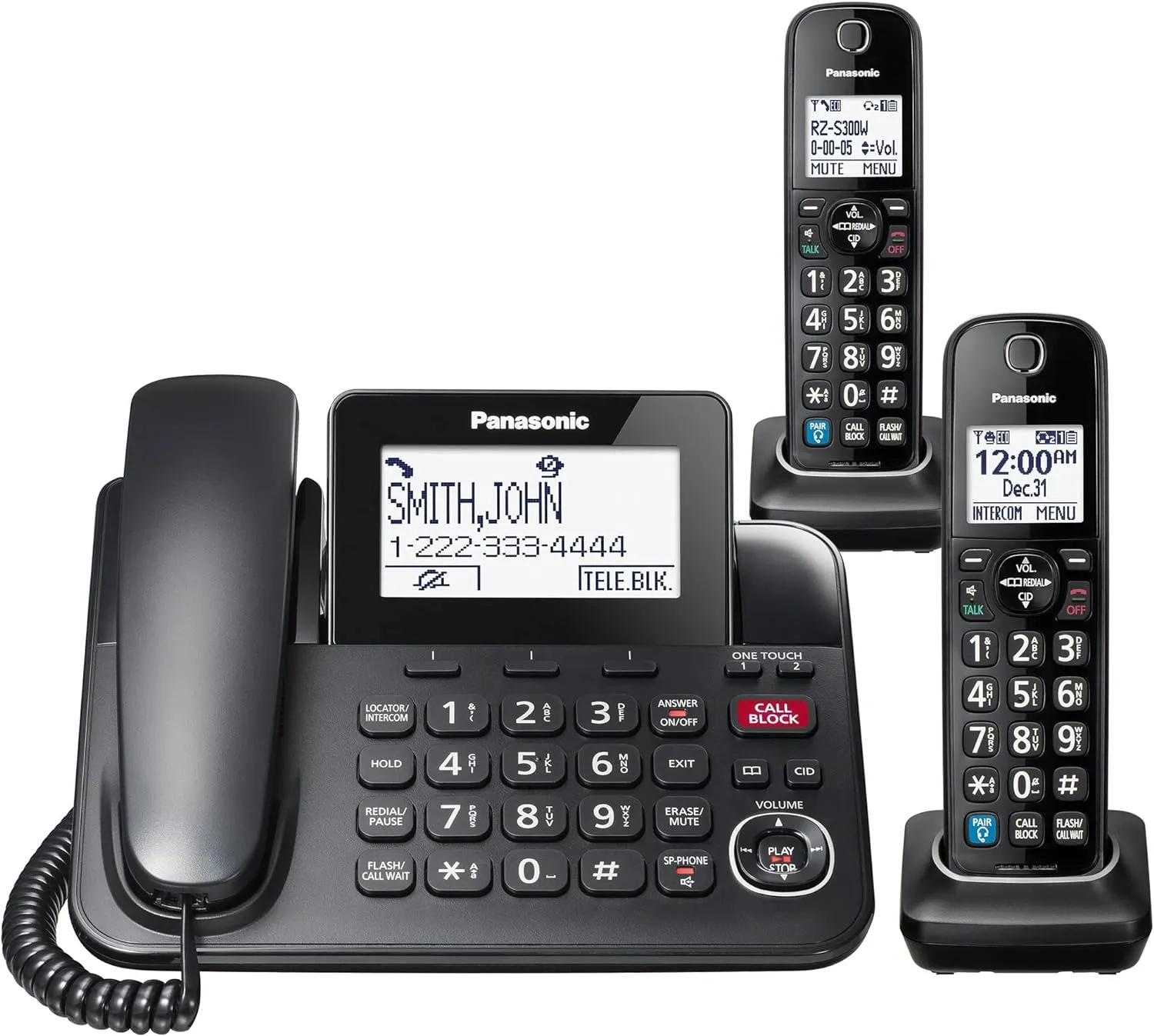 Panasonic Expandable Corded Phone System, Bluetooth Pairing for Wireless Headphones and Hearing Aids, Smart Call Block, KX-TGF892B (Black), 2 Cordless   1 Corded Handset (Pack of 1)