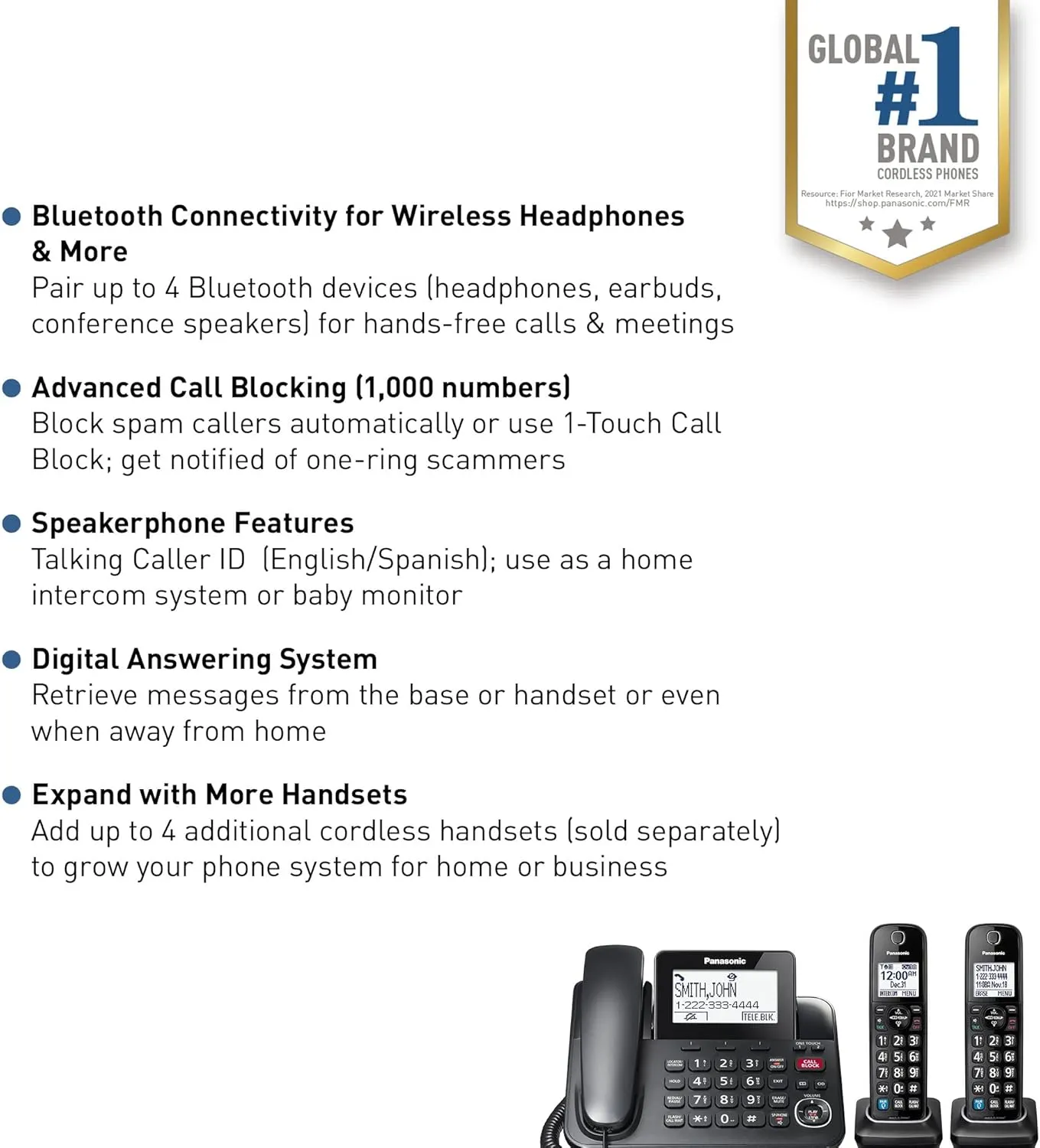 Panasonic Expandable Corded Phone System, Bluetooth Pairing for Wireless Headphones and Hearing Aids, Smart Call Block, KX-TGF892B (Black), 2 Cordless   1 Corded Handset (Pack of 1)