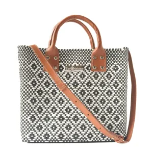 Panda Large Woven Crossbody Bag - Tan Leather Handles & Crossbody Strap, Handwoven Recycled Plastic Purse, Oaxaca Mexican Woven Tote, Summer Bag, Work Bag, Everyday Purse