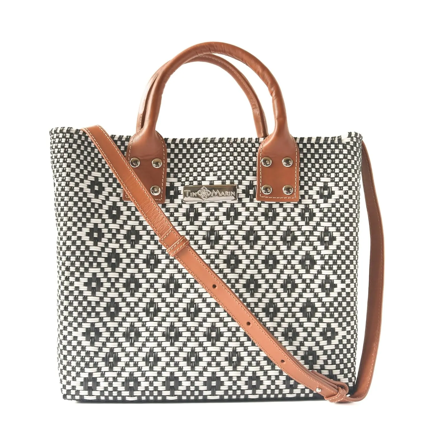 Panda Large Woven Crossbody Bag - Tan Leather Handles & Crossbody Strap, Handwoven Recycled Plastic Purse, Oaxaca Mexican Woven Tote, Summer Bag, Work Bag, Everyday Purse