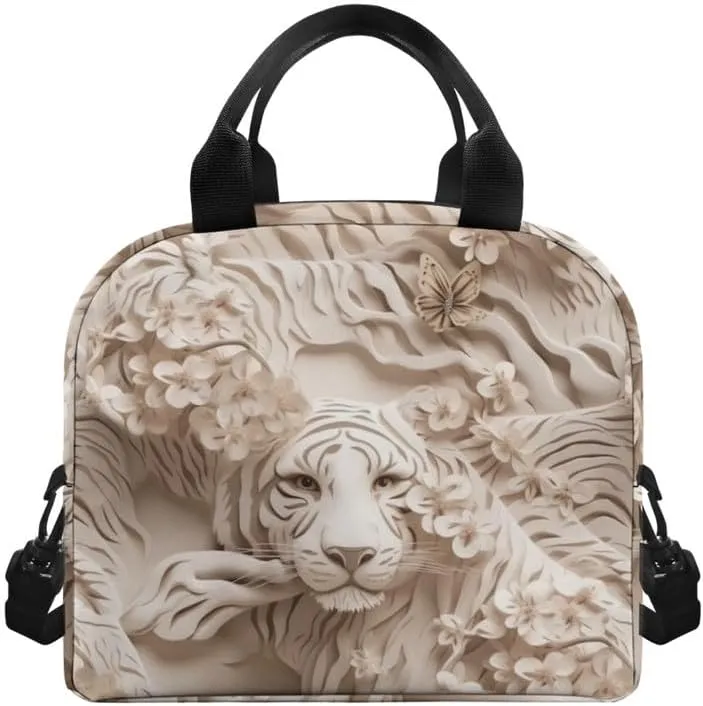 Paper Sculpture Tiger Lunch Box Men Women 6L Floral Paper Carving Tigers Insulated Lunch Bag Women Shoulder Belt Lunch Cooler Bag Leakproof Tote Bag Work Travel